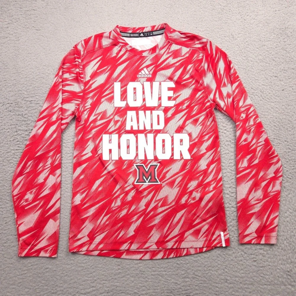 Adidas Miami RedHawks Love and Honor Long Sleeve Shirt Men S Climacool NCAA Red